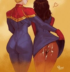 2girls after_sex ass ass_focus assisted_exposure back_view bodysuit booty bottomless captain_marvel captain_marvel_(movie) carol_danvers chocolate_and_vanilla clothed clothed_female cum cum_in_pussy cum_inside cum_on_ass cum_on_body dark-skinned_female dark_skin dress female female_only flashing flashing_pussy from_behind gloves heart heroine kamala_khan lifting lifting_skirt light-skinned_female light_skin long_hair marvel marvel_cinematic_universe marvel_comics ms._marvel ms._marvel_(kamala_khan) ms._marvel_(series) multiple_girls nerd nerdy_female no_panties panties pantylines pinafore_(artist) pubic_hair pubic_hair_peek pussy_peek rear_view short_hair slut_collar smile superheroine tagme watermark yuri