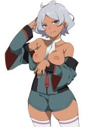 ahoge between_breasts blush breasts_out dark-skinned_female dark_skin female_focus flashing flashing_breasts green_eyes gundam gundam_suisei_no_majo hand_behind_head large_breasts looking_at_viewer morisobo secelia_dote shirt_between_breasts shorts silver_hair simple_background smile sweatdrop tan_body tan_skin thick_thighs thighhighs white_background