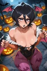 1girls ai_generated bats black_hair black_lipstick black_nails bleach bleach:_the_thousand-year_blood_war breasts eyeshadow female female_only hair halloween halloween_costume halloween_pumpkin halloween_theme kuchiki_rukia light-skinned_female light_skin lipstick medium_breasts nail_polish pumpkin purple_hair short_hair solo solo_female waifuinvoker wings wings_on_head