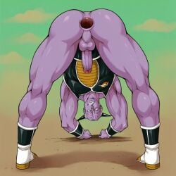 1boy ai_generated alien all_fours anal_gape anus armor ass ass_up balls bara barazoku bent_over bottomless captain_ginyu desert dragon_ball dragon_ball_z gape gaping gaping_anus gay ginyu_force_battle_armor green_sky hands_on_ground head_down_ass_up horns humanoid looking_at_viewer male male_only muscle muscles muscular muscular_male penis perineum purple_body purple_skin rear_view saiyan shoes solo stable_diffusion