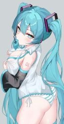 1girls 2d 2d_(artwork) ass blue_eyes blue_hair blue_tie blush breasts cleavage hatsune_miku kawasuru large_breasts long_hair looking_at_viewer simple_background solo solo_female striped_panties thick_thighs thighs tie_in_mouth underwear undressing vocaloid