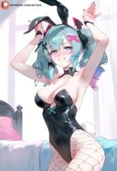 1girls ai_generated akyoi animal_ears bedroom black_nails blue_eyes blue_hair blush breasts bunny_ears female hatsune_miku heart-shaped_pupils leotard light-skinned_female light_skin long_hair looking_at_viewer medium_breasts nails pantyhose patreon rabbit_hole_(vocaloid) ribbon smile solo solo_female twintails vocaloid