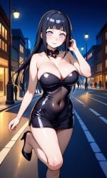 ai_generated black_hair breasts choker dress high_heels hyuuga_hinata large_breasts latex_dress long_hair looking_at_viewer mini_dress naruto outcyli731 outdoors outside pink_eyes public slut smile stable_diffusion street