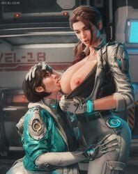 2girls 3d blender breasts brown_hair hailey_(the_first_descendant) highres lesbian_sex licking_nipples nipples oscillator partially_clothed tagme the_first_descendant valby_(the_first_descendant)