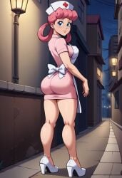 ai_generated ass ass bubble_butt dress dress_inside_ass female nurse nurse_joy nurse_uniform pokemon showing_ass solo standing