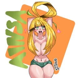 1girls anisa_(skarpworld) arms_behind_back arms_behind_head arms_up big_ass big_breasts blonde_hair blush censored covered_nipples covering_breasts creative_censorship daisy_dukes excited excited_female female green_eyes hair hair_ornament hair_rings heart heart_symbol hearts_around_head hourglass_figure keyaruki long_eyelashes long_hair massive_ass massive_breasts massive_thighs naked naked_female name_tag rosy_cheeks shorts simple_background skarp_world smiling solo solo_female solo_focus thick_ass thick_hips thick_legs thick_thighs tummy yellow_hair