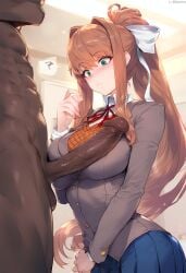 1boy 1girls ai_generated big_breasts blush breasts brown_hair dark-skinned_male doki_doki_literature_club female female_focus green_eyes huge_breasts large_breasts long_hair monika_(doki_doki_literature_club) ponytail surprised_expression