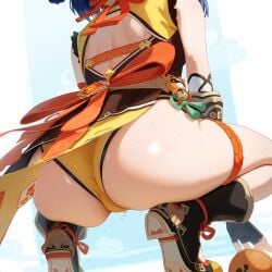 1girls ai_generated ass ass_focus big_ass blue_hair cameltoe genshin_impact solo solo_female solo_focus squatting sweat thigh_strap thighs xiangling_(genshin_impact) yujincrab