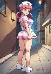 ai_generated ass ass bubble_butt dress dress_inside_ass female nurse nurse_joy nurse_uniform pokemon showing_ass solo standing