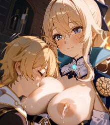 1boy 1girls aether_(genshin_impact) ai_generated big_breasts blonde_hair breastfeeding_during_sex horny_female jean_gunnhildr long_hair mihoyo milk pleasure_face sex straight