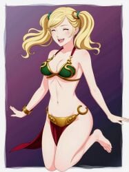 2d 2d_(artwork) 2d_artwork ann_takamaki bare_arms bare_legs bare_midriff bare_shoulders bare_thighs barefoot belly_button bikini bikini_top blonde_hair blush blush blush_lines bra bracelet cleavage crossover crossover_cosplay eyeshadow female_only girls_only gold_(metal) gold_bracelet gold_jewelry golden_bracelets green_bikini green_bikini_top green_bra green_hair_tie hair_tie hair_ties half_japanese half_naked hourglass_figure hourglass_figured_female inner_sideboob light-skinned_female light_skin loincloth long_hair long_twintails medium_boobs medium_breasts midriff navel only_female only_girl open_mouth persona persona_5 petite petite_body petite_female purple_background red_loincloth sideboob slave slave_bikini slave_collar slave_leia slave_leia_(cosplay) slave_outfit slavegirl star_wars thick_thighs twintails