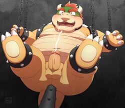 2021 anal anal_sex anthro anthro_only ass balls belly blush bodily_fluids bowser cum ejaculation genital_fluids genitals humanoid_genitalia humanoid_hands humanoid_penis improvised_sex_toy kemono koopa male male_only mario_(series) navel nintendo overweight overweight_anthro overweight_male penetration penis penta002 scalie solo video_games