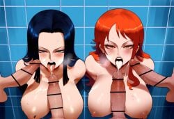 2girls 4boys after_sex ai_generated big_breasts breasts cum cum_in_mouth cum_on_body cum_on_breasts cum_on_face cumdump cumslut ene female hanging_breasts looking_at_viewer male multiple_boys nami nami_(one_piece) nico_robin one_piece orange_hair stuck_in_wall surrounded_by_penises sweat through_wall wall