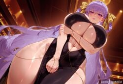 ai_generated balecxi bb_(fate) bb_dubai_(fate) black_dress blush braid braided_hair_rings closed_mouth curvy fate/grand_order female hair_ribbon hair_rings huge_breasts indoors long_hair looking_at_viewer navel pelvic_curtain purple_eyes purple_hair shiny_skin solo thick_thighs underboob wide_hips