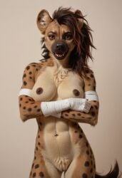 2024 ai_generated anthro arm_wraps athletic bandages breasts carnivalecloudmuncher female furry genitals hair hi_res hyaenid hyena mammal mane mane_hair navel nipples nude open_mouth orange_eyes pussy self_upload smile solo spotted_hyena standing tagme tail wraps