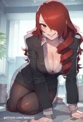 ai_generated big_ass big_breasts big_butt big_thighs blush hair_over_one_eye huge_ass huge_breasts huge_butt huge_thighs mitsuru_kirijo office office_clothing office_lady pantyhose persona red_eyes red_hair vest wanuze wide_hips