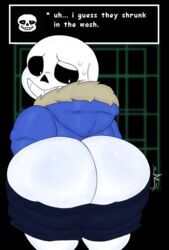 1boy 2021 animated_skeleton anterior_nasal_aperture ass ass_cleavage big_butt black_background blue_bottomwear blue_clothing blue_hoodie blue_shorts blue_topwear bodily_fluids bone bottomwear butt_crack butt_focus clothing dialogue english_text filthyopossum grin hi_res hoodie humanoid looking_back male male_only not_furry sans shorts simple_background skeleton smile solo sweat teeth text topwear undead undertale video_games white_body white_butt