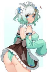 1girl ass blue_eyes blush border breasts closed_mouth cowboy_shot detached_sleeves dress fading_border frilled_dress frilled_sleeves frills from_side gradient_hair green_dress green_hair green_panties green_sleeves grey_hair hair_ornament heart indie_virtual_youtuber large_breasts looking_at_viewer maid maid_headdress mint_fantome mole mole_on_ass moursho multicolored_hair outside_border panties short_hair sleeves_past_fingers sleeves_past_wrists smile solo standing triangular_headpiece two-tone_hair two_side_up underwear virtual_youtuber x_hair_ornament