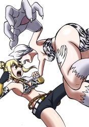 cat_ears cat_tail catfight catgirl clawed_fingers claws cowgirl_outfit fairy_tail fairy_tail_mark fight fighting lisanna_strauss lucy_heartfilia staredown tattoo tattoo_on_legs tattooed_leg thick_thighs thighs white_tattoo wrestling