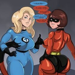 2girls big_ass big_breasts biting_lip blonde_hair brown_hair bubble_butt clothing crossover dialogue elastigirl fantastic_four female female_focus female_only fit fit_female groping groping_breasts helen_parr hourglass_figure invisible_woman leotard long_hair loonyjams marvel marvel_comics milf pixar short_hair skin_tight slim_waist sue_richards sue_storm the_incredibles thick_ass tight_clothing wide_hips yuri