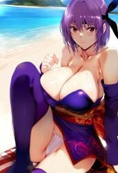 1female 1girls ayane_(doa) beach big_breasts clothing dead_or_alive looking_at_viewer outdoors purple_hair red_eyes sitting solo solo_female solo_focus