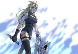 1boy belt black_gloves black_thighhighs blood blood_on_face blood_on_weapon blue_fire breasts cheli617 cleavage_cutout clothing_cutout cloud_strife dark_persona death decapitation dismemberment earrings evil_grin evil_smile female final_fantasy final_fantasy_vii fire genderswap_(mtf) gloves glowing glowing_eyes grey_hair grin guro highres holding holding_another's_hair holding_detached_head holding_knife jewelry knife long_hair looking_at_viewer multiple_belts rule_63 sephiroth severed_head single_earring slit_pupils smile thighhighs walking weapon