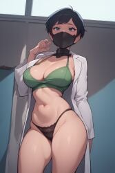 ai_generated bedroom bikini black_hair capcom curvy eteeming face_mask female_only labcoat rebecca_chambers resident_evil solo