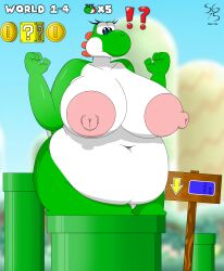 2024 ?_block areola ass ass background bbw belly_button big_areola big_ass big_belly big_breasts big_breasts big_breasts big_butt big_nipples breasts breasts breasts chubby chubby_anthro chubby_belly chubby_female coin deep_navel dinosaur dinosaur_humanoid green_body green_yoshi hud mario_(series) navel nintendo nipple_holes nipples overweight overweight_anthro overweight_female pink_nipples pipe pussy sign solandgamer75 stuck stuck_in_pipe surprised surprised_expression tube white_belly yoshi