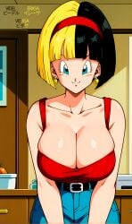 1990s_(style) ai_generated belt black_hair blonde_hair blue_eyes bob_cut bursting_breasts busty cleavage collarbone dragon_ball dragon_ball_super edit erasa eyelashes female fusion fusion_character highres huge_breasts indoors jeans living_room mature_female motherly oppai pony_diffusion_xl potara_earrings potara_fusion red_dress red_hairband smile solo solo_female spaghetti_strap split_hair_colors upscaled vidasa videl wife yellow_earrings