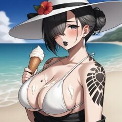 ai_generated akeha beach bikini black_hair black_skirt blush female hair_between_eyes huge_breasts ice_cream ice_cream_on_breasts large_breasts looking_at_viewer mature_female nier_(series) nier_reincarnation pale-skinned_female pale_skin shoulder_tattoo solo