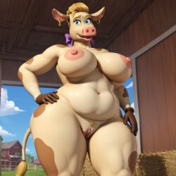 abby_(back_at_the_barnyard) ai_generated barn bovine female hand_on_hip large_breasts plump pubic_fuzz thick_thighs wide_hips