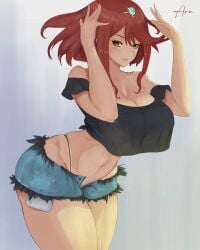 1girls araneesama black_crop_top black_panties breasts crop_top denim_shorts highleg highleg_panties large_breasts looking_at_viewer midriff navel nintendo panties pyra red_eyes red_hair short_hair short_shorts shorts tiara unbuttoned_shorts xenoblade_(series) xenoblade_chronicles_2