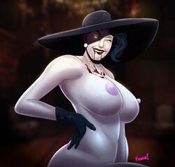 1girls alcina_dimitrescu areola areolae artist_name big_breasts blood breasts capcom cleavage female female_only fumo gloves glowing_eyes hat large_breasts naked nude nude_female resident_evil resident_evil_8:_village seductive sun_hat thick_thighs voluptuous watermark wide_hips