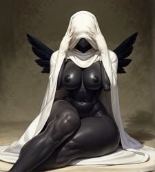 1girls ai_generated angel angel_girl angel_wings ass black_body breast_curtains busty curvy_figure female female_focus huge_breasts oc original original_character sweaty thick_thighs wings