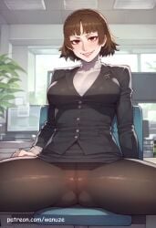 ai_generated big_ass big_breasts big_butt big_thighs blush brown_eyes brown_hair huge_ass huge_breasts huge_butt huge_thighs makoto_niijima office office_clothing office_lady pantyhose persona vest wanuze wide_hips