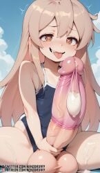 2024 ai_generated big_balls big_penis blonde_hair blush brown_eyes condom condom_on_penis filled_condom futa_only futadom futanari gigantic_penis heart-shaped_pupils masturbating masturbation nekodrippy onii-chan_wa_oshimai! oyama_mahiro petite spread_legs stable_diffusion swimsuit tongue_out