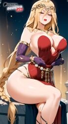 ai_generated big_breasts blonde_hair boosterred99 bracalets braid cosplay cracked_skin elbow_gloves elden_ring full_body gloves halloween heels high_heels jessica_rabbit jewelry large_breasts legs lipstick long_hair narrow_waist pony_diffusion_xl purple_elbow_gloves purple_gloves queen_marika_the_eternal red_dress sitting tiara very_long_hair wide_hips yellow_eyes