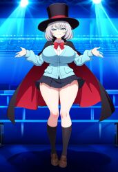 ai_generated big_breasts blue_cardigan blue_eyes bowtie cape cute female schoolgirl silver_hair skin_fang tejina_senpai tejina_senpai_(character) tejina_senpai_(series) top_hat top_heavy top_heavy_breasts