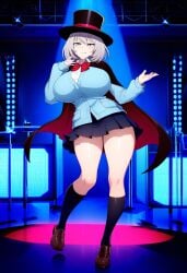 ai_generated big_breasts blue_cardigan blue_eyes bowtie cape cute female schoolgirl silver_hair skin_fang tejina_senpai tejina_senpai_(character) tejina_senpai_(series) top_hat top_heavy top_heavy_breasts