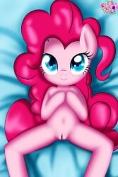 ai_generated blue_eyes curly_hair hasbro looking_at_viewer looking_up looking_up_pov my_little_pony my_little_pony_friendship_is_magic open_legs pink_fur pink_hair pinkie_pie_(mlp) showing_pussy zoolt