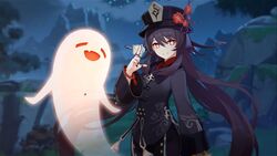 1girls boo_tao_(genshin_impact) condom condom_wrapper female female_only genshin_impact ghost heart-shaped_pupils horny hu_tao_(genshin_impact) human looking_at_viewer naughty_face night official_art photoshop smile
