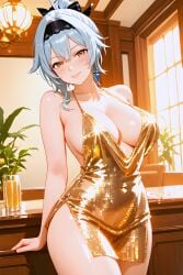 ai_generated blush breasts dress eula_(genshin_impact) genshin_impact golden_dress indoors jewelry looking_at_viewer medium_breasts shiny_skin smile solo_female solo_focus