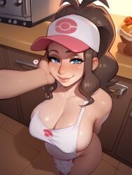 11_22 ai_generated apron apron_only areola_slip arms_behind_back bare_shoulders baseball_cap blue_eyes blush brown_hair cheek_press cleavage disembodied_hand from_above grabbing_face hand_on_another's_face hat heart high_ponytail hilda_(pokemon) huge_breasts kitchen large_breasts looking_at_viewer pokemon ponytail pov pov_eye_contact pregnant pregnant_female seductive_smile smile spoken_heart sweat very_long_hair white_apron wide_hips