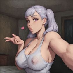 ai_generated areolae big_breasts black_clover blowing_kiss breasts cleavage erect_nipples geasseros gesture hi_res kissing large_breasts looking_at_viewer nipple_bulge nipples nipples_visible_through_clothing no_bra noelle_silva pov purple_eyes shirt silver_hair twintails