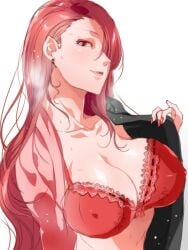 1girls bra breasts bungo_stray_dogs cleavage covered_nipples earrings female female_only fingernails hair_down hair_over_one_eye jewelry lace lace_bra lace_trim large_breasts long_hair looking_at_viewer makeup masahiro_eto nail_polish open_clothes open_kimono ozaki_kouyou_(bungo_stray_dogs) pink_hair red_bra red_eyes red_nails simple_background solo solo_female sweat underwear upper_body white_background