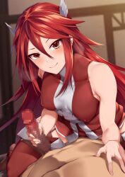 1boy 1girls bangs bare_shoulders blush breasts censored closed_mouth cordelia_(fire_emblem) covered_nipples dress erection female female_focus fire_emblem fire_emblem_awakening handjob highres long_hair looking_at_viewer male_pov medium_breasts mosaic_censoring nintendo penis pov red_dress red_eyes red_hair red_thighhighs short_dress smile solo_focus straight thighhighs thighs tsuki_tokage wing_hair_ornament