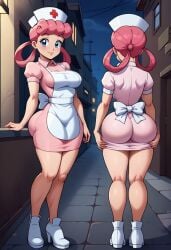 ai_generated ass ass bubble_butt dress dress_inside_ass female nurse nurse_joy nurse_uniform pokemon showing_ass solo standing