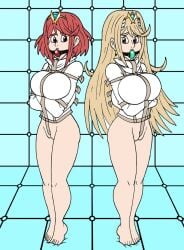 2girls ball_gag blonde_hair bondage bottomless breasts crotch_strap doctor-awkward earrings gag gagged large_breasts long_hair mythra nintendo padded_room pyra red_eyes red_hair short_hair straitjacket tiara xenoblade_(series) xenoblade_chronicles_2 yellow_eyes