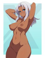 absurdres armpits arms_behind_head arms_up blue_eyes breasts dark-skinned_female dark_skin elma_(xenoblade_x) female guilegaze highres large_breasts looking_at_viewer navel nipples nude parted_lips seductive_gaze solo toned uncensored white_hair xenoblade_chronicles_(series) xenoblade_chronicles_x