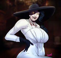 1girls alcina_dimitrescu artist_name big_breasts breasts capcom cleavage female female_only fumo gloves glowing_eyes hat large_breasts naked nude nude_female resident_evil resident_evil_8:_village seductive sun_hat thick_thighs voluptuous watermark wide_hips